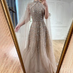 Customized Blue Beaded A Line Cape Sleeve Formal Evening Dress For Women