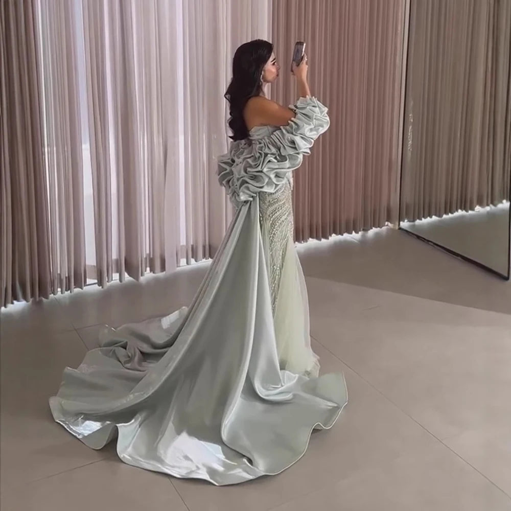 Custom Sage Green Mermaid Evening Dress With Cape And Beaded Gown For Women
