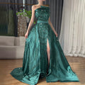 Serene Hill Custom Green One Shoulder Satin Evening Gown Overskirt Split Dress