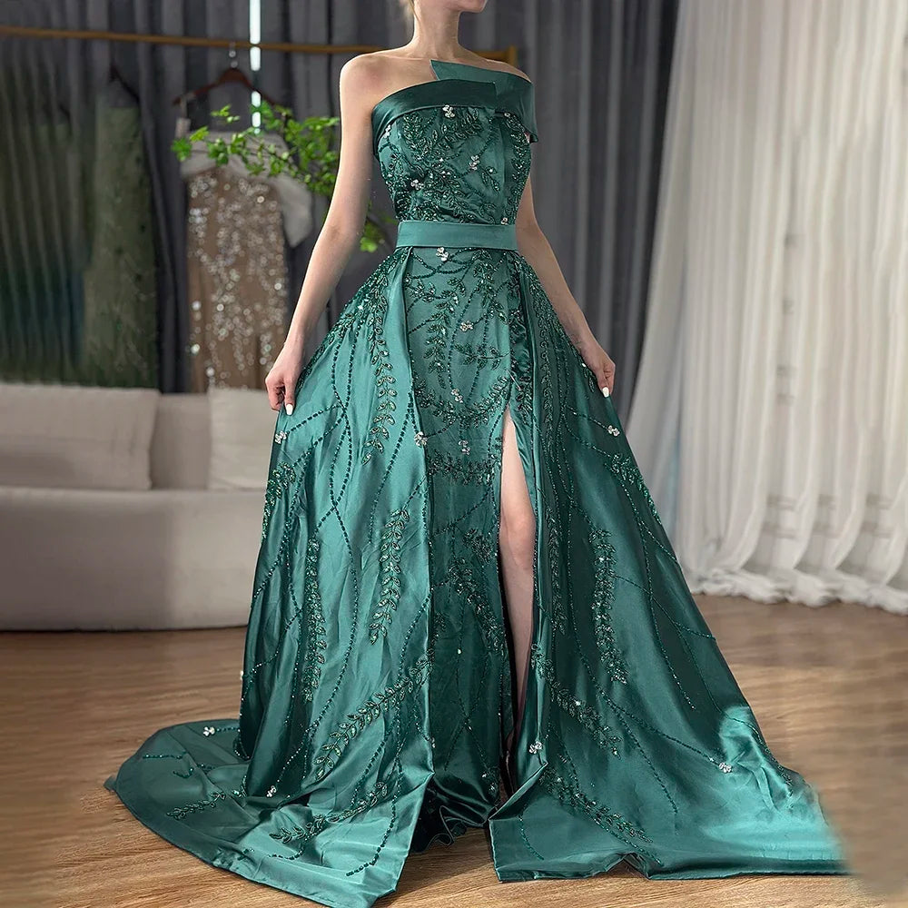 Serene Hill Custom Green One Shoulder Satin Evening Gown Overskirt Split Dress