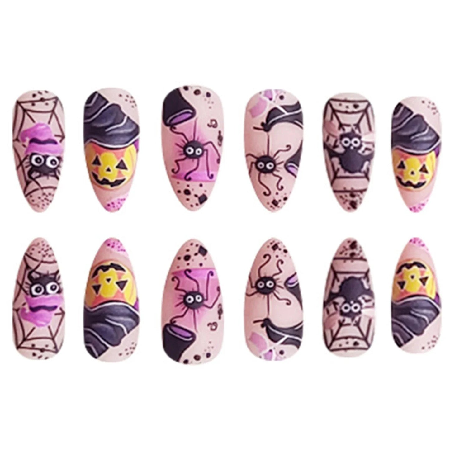 24 parches de uñas postizas de almendra para usar, con temática de Halloween, con diseño de araña bailando, murciélago y calabaza, manicura DIY. 