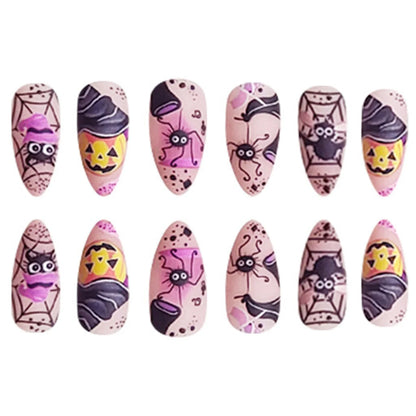 24 parches de uñas postizas de almendra para usar, con temática de Halloween, con diseño de araña bailando, murciélago y calabaza, manicura DIY. 