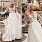Lakshmigown V Neck Lace Tulle Long Boho Beach Wedding Dress For Women