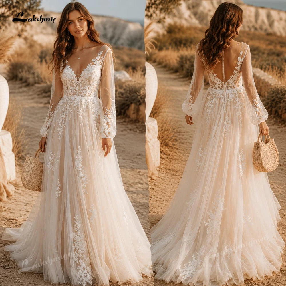 Customized Romantic Puff Long Sleeve Boho Lace Applique Wedding Dress