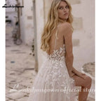 Summer V Neck Lace Appliques Wedding Dress With Side Split Spaghetti Straps