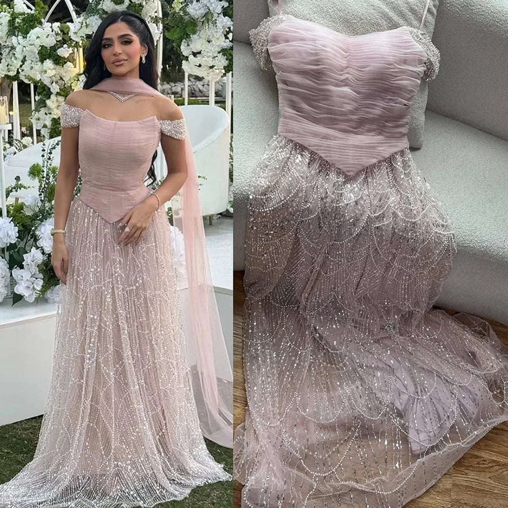 Vestido de Noite de Luxo com Pérolas Cor-de-Rosa Árabes Engastadas e Capa LA72922