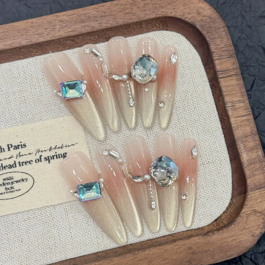 10 uñas postizas largas de ballet con purpurina, color champán, dorado, rubor francés, estilo ojo de gato, hechas a mano, con destellos de diamante. 