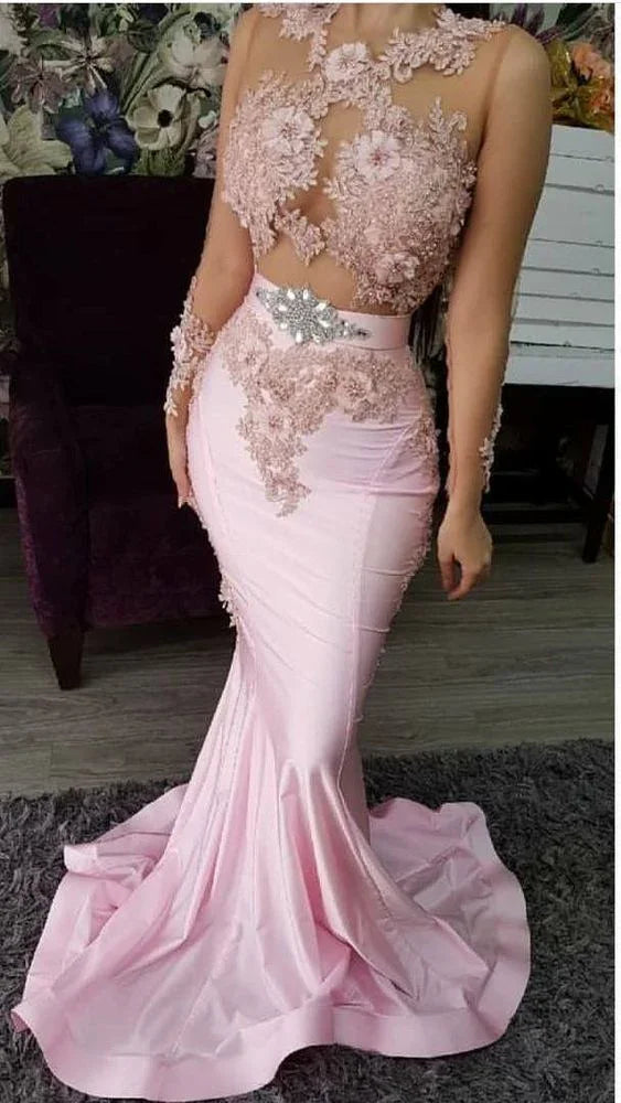 Abiti da cerimonia rosa lunghi a sirena con pizzo, applicazioni perline e fiori tridimensionali, abito da sera elegante, abiti formali S6580