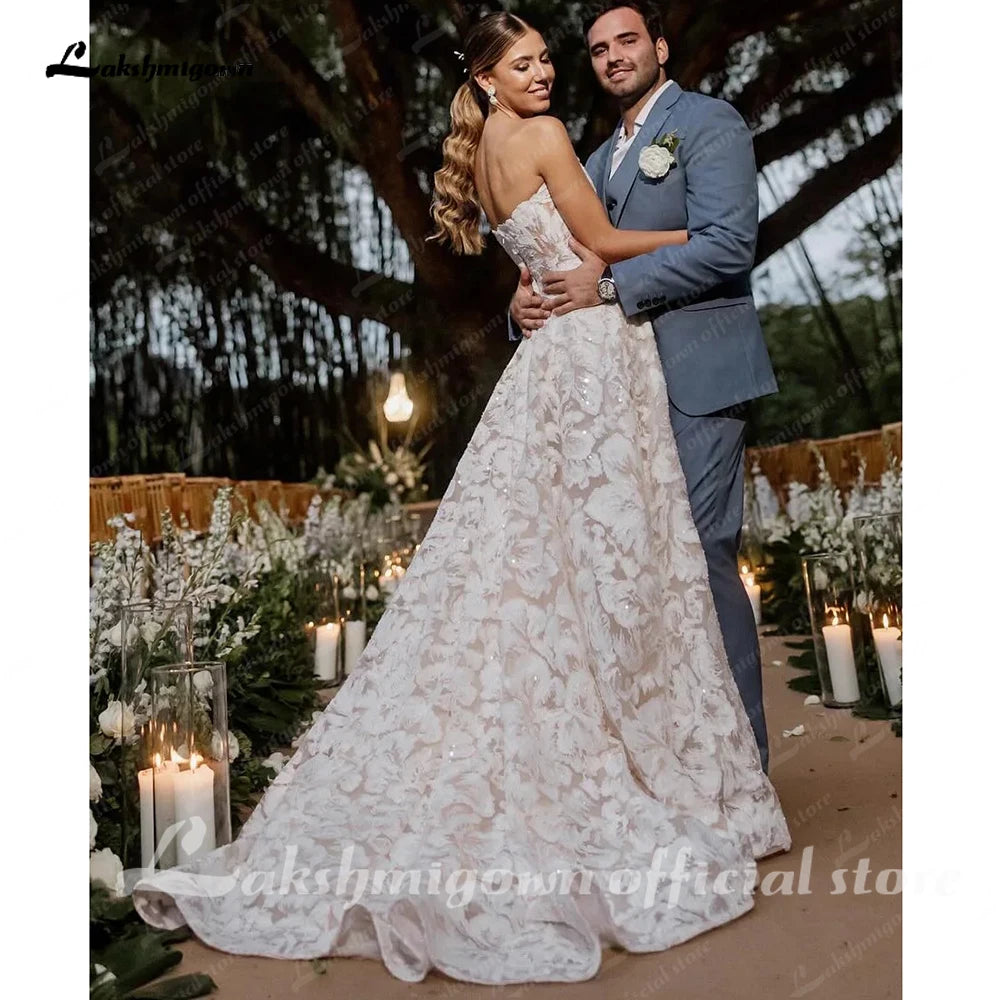 Lakshmigown Floral Lace A Line Strapless Custom Wedding Dress