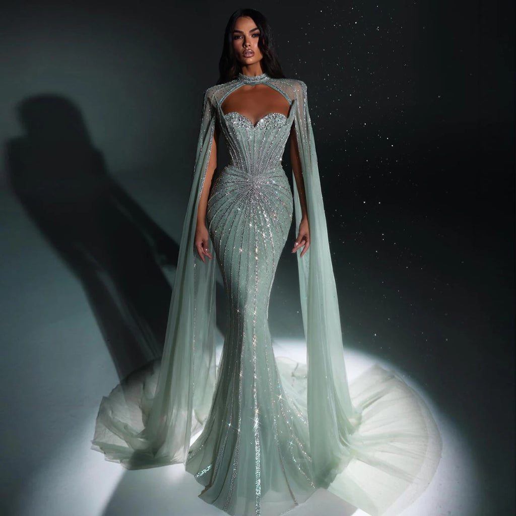 Vestido de noche de lujo de cristal verde salvia Sharon Said con mangas capa largas rosa para mujer vestidos de fiesta de boda SS156 personalizado