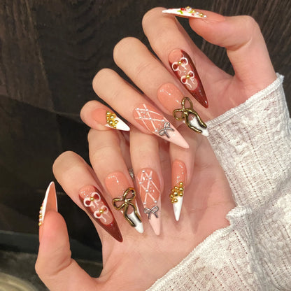 10 uñas postizas retro con lazo, color rosa brillante, largas, de aguja, blancas, estilo francés, hechas a mano, con diseño de flores de primavera. 