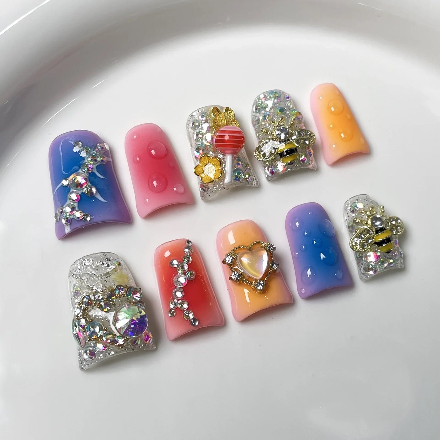 10 uñas postizas de fantasía con diseño de piruleta, color rosa degradado, estilo francés, Y2k, con forma de estrella y diamante, uñas postizas con diseño de pico de pato dulce. 
