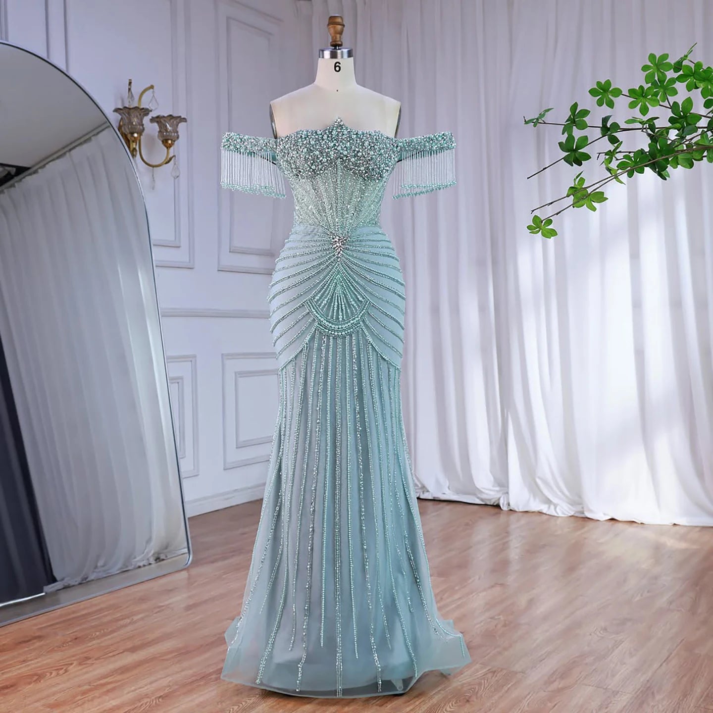 Serene Hill Red Mermaid Beaded Pearl Off Shoulder Party Gown For Women