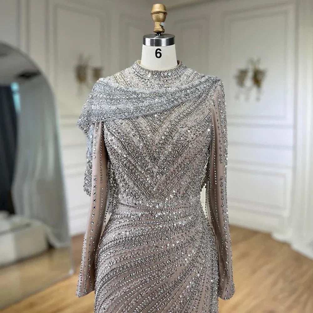 Elegant Mermaid Beaded Evening Gown Sparkle Silver Nude Custom Party Dress