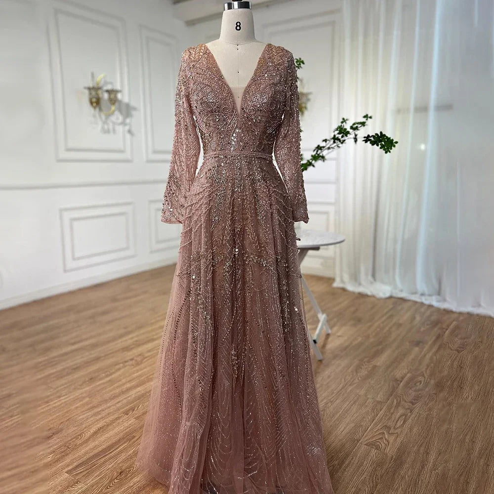 Custom Rose Gold Long Sleeves A Line Beaded Evening Mother Of The Bride Dress