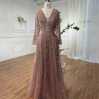 Custom Rose Gold Long Sleeves A Line Beaded Evening Mother Of The Bride Dress