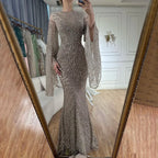 Custom Caramel Beaded Mermaid Evening Gown Flared Sleeves Party Dress
