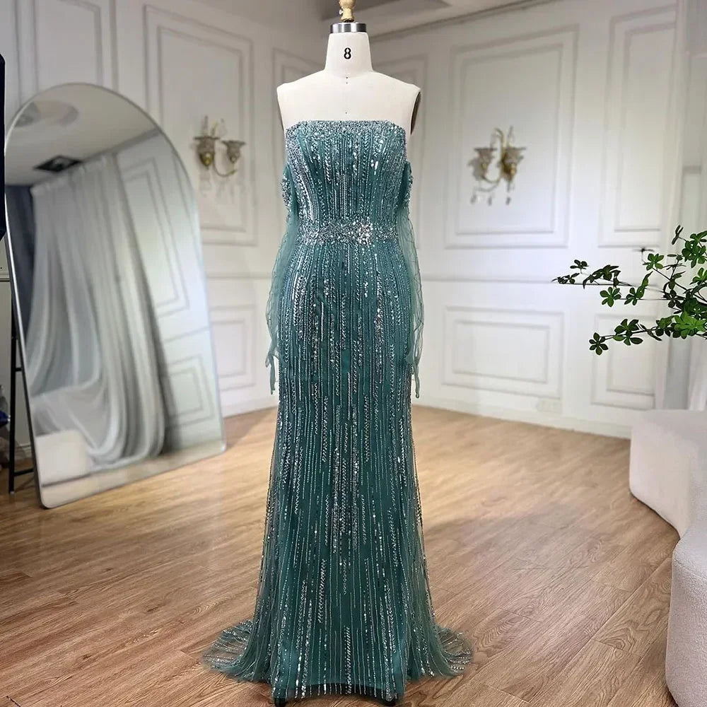 Serene Hill Turquoise Strapless Beaded Mermaid Evening Gown With Gloves