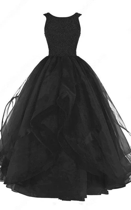 Robe de bal noire à encolure dégagée, sans manches, en organza, ornée de perles, longue, robe de soirée S7467