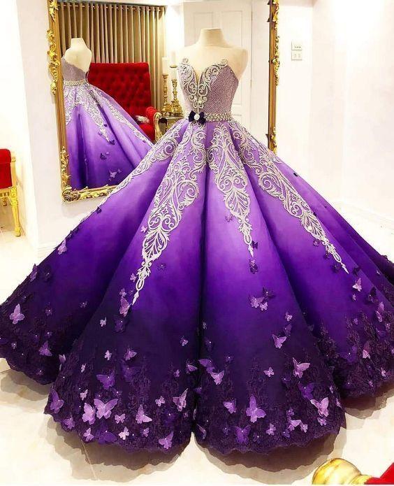 Robe de bal sans bretelles papillon pour quinceañera, dégradé violet, robe longue de bal S11280