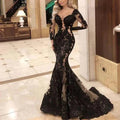 vestidos modestos pretos para baile de finalistas com mangas compridas, aplicação de renda, vestido de noite elegante, vestidos formais S11019