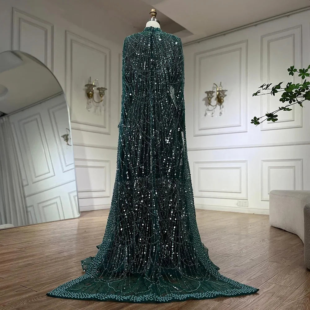 Custom Green Long Sleeve A Line Evening Cape Wedding Party Dress For Women