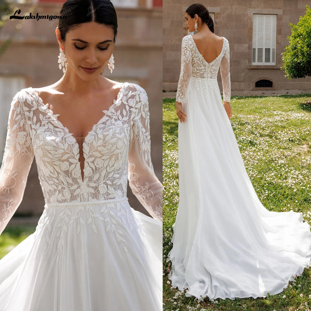 Lakshmigown Lace V-Neck Chiffon Wedding Dress A-Line Backless Customized