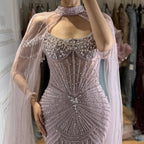 Serene Hill Pearl Beaded Caramel Mermaid Evening Dress With Sheer Cape Custom