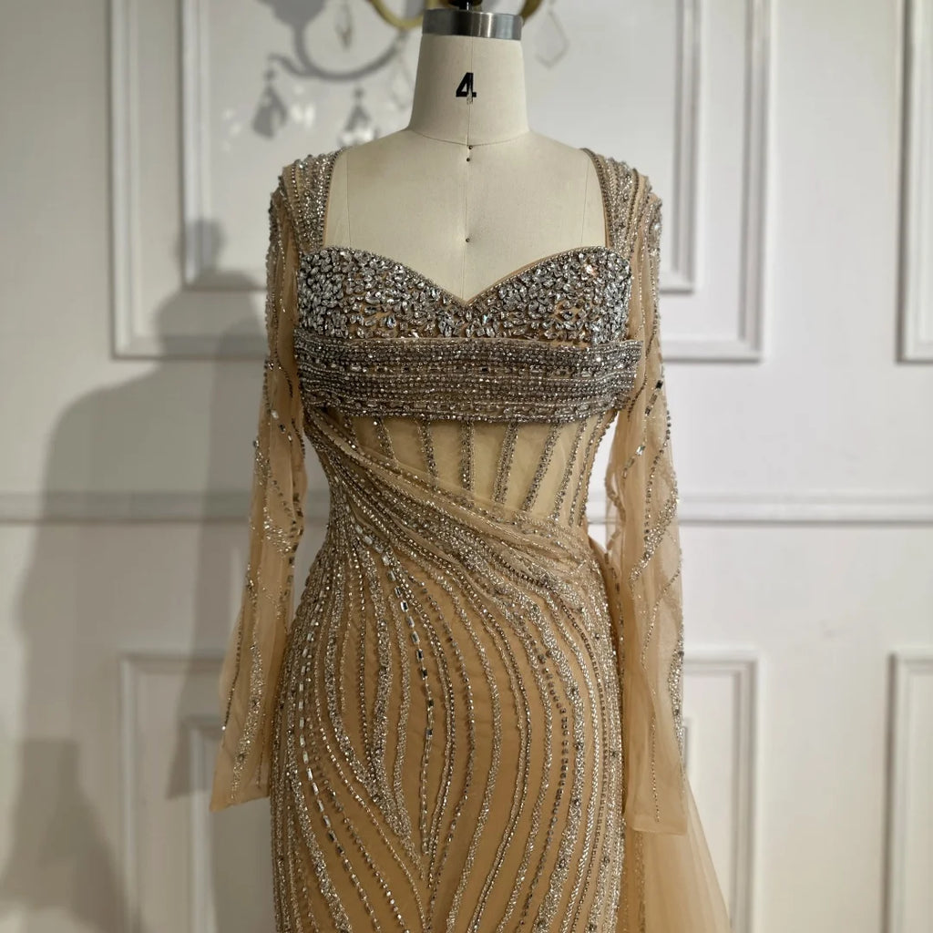 Serene Hill Nude Long Sleeve Beaded Evening Gown For Formal Party 2025