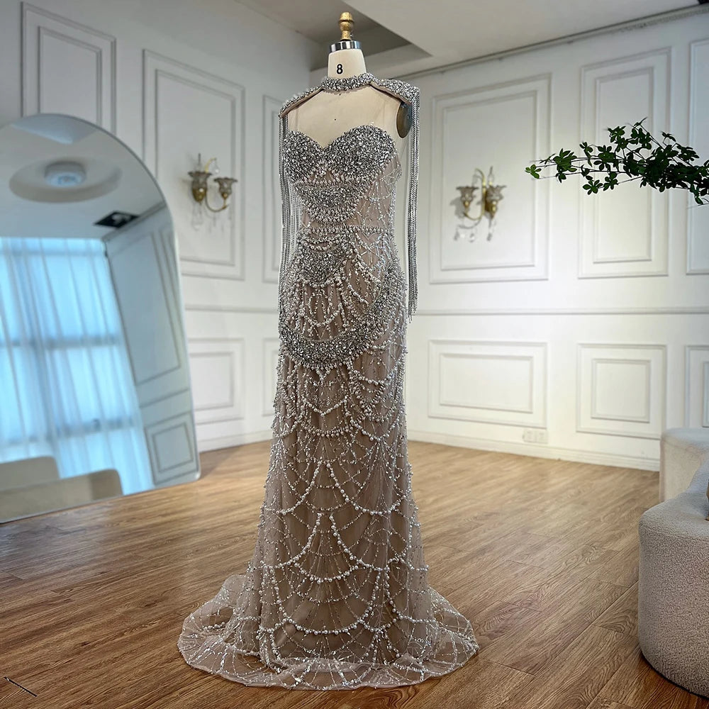 Nude Strapless Mermaid Beaded Pearl Evening Party Dress With Tassel