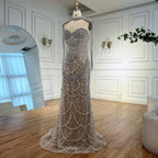 Nude Strapless Mermaid Beaded Pearl Evening Party Dress With Tassel