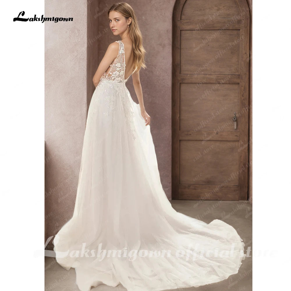Lakshmigown Deep V-Neck Boho Wedding Dress Custom A-line Open Back Sweep Train
