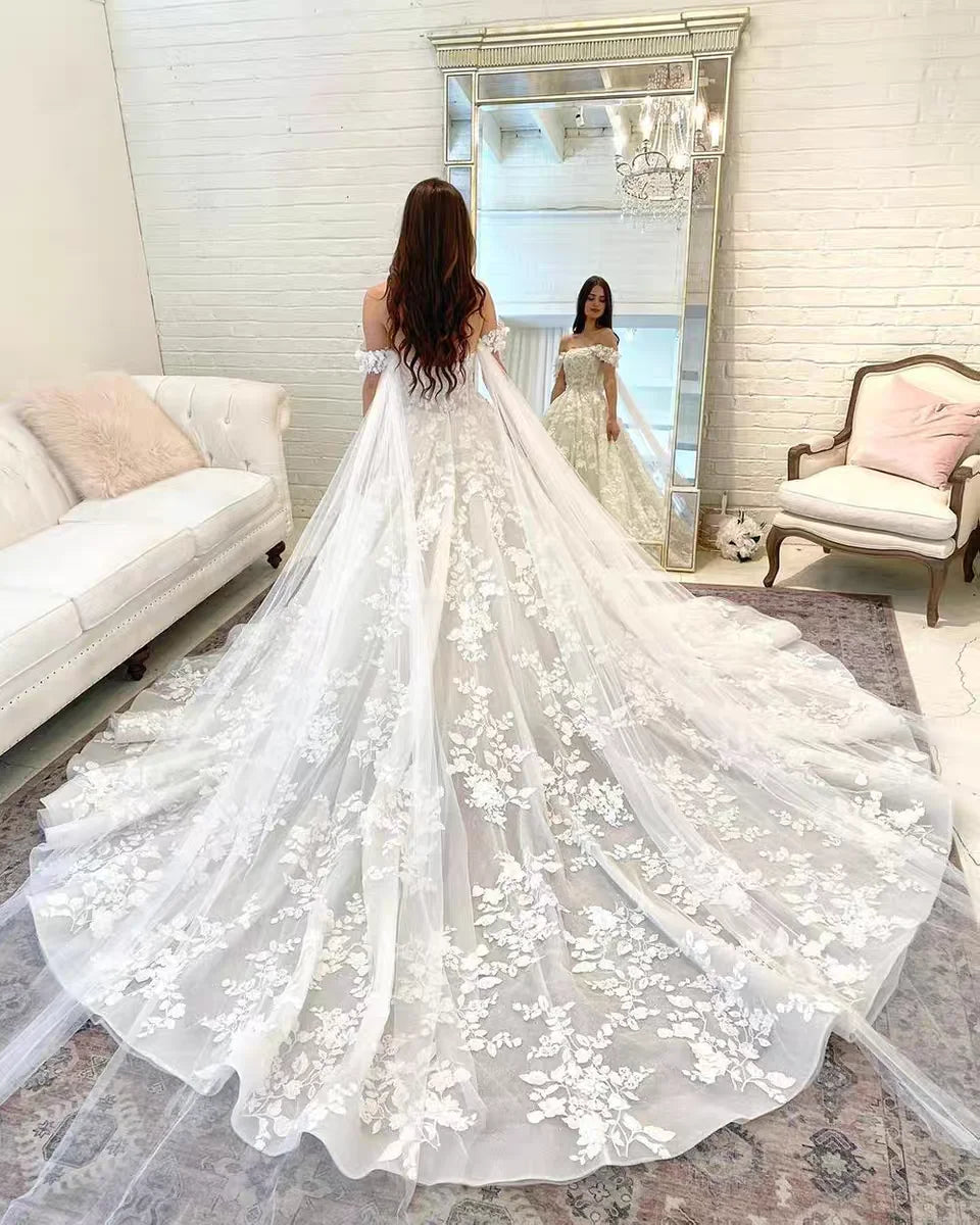 Custom Off Shoulder Wedding Dress With Sweetheart Appliques And Backless Fit
