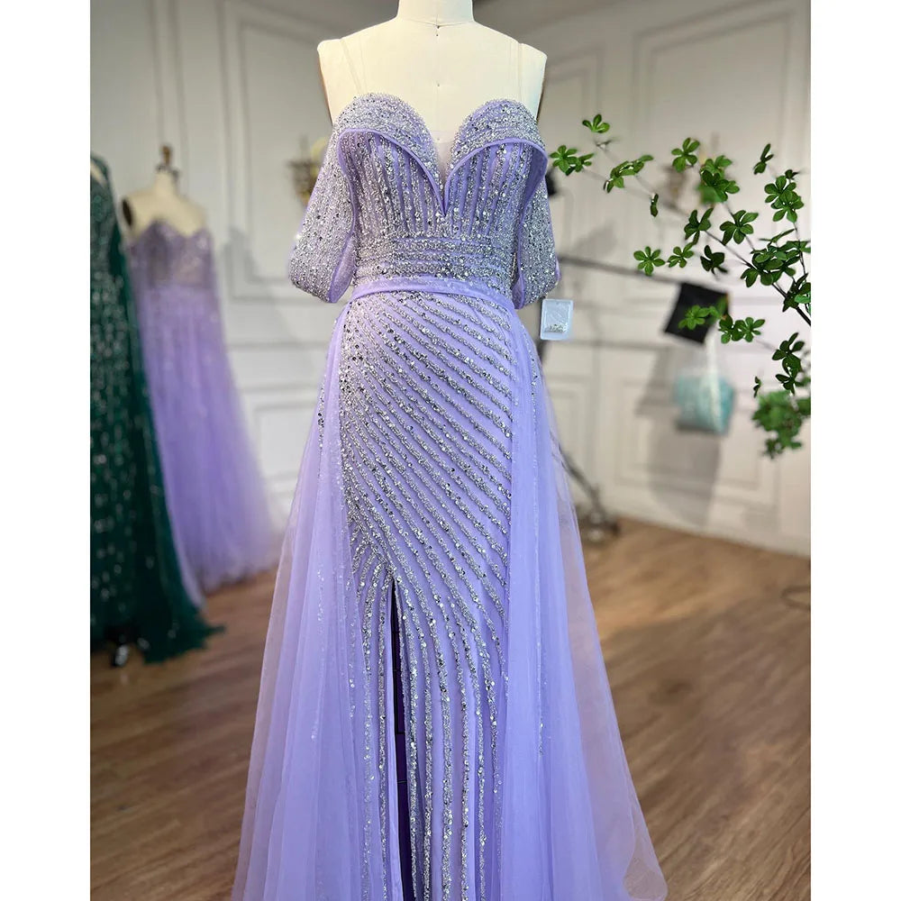 Custom Turquoise Off Shoulder Beaded Mermaid Overskirt Evening Gown For Women