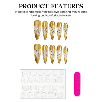 10 uñas postizas doradas hechas a mano, ligeras y lujosas, con diseños de diamantes brillantes, parches de uñas postizas almendradas largas desmontables. 