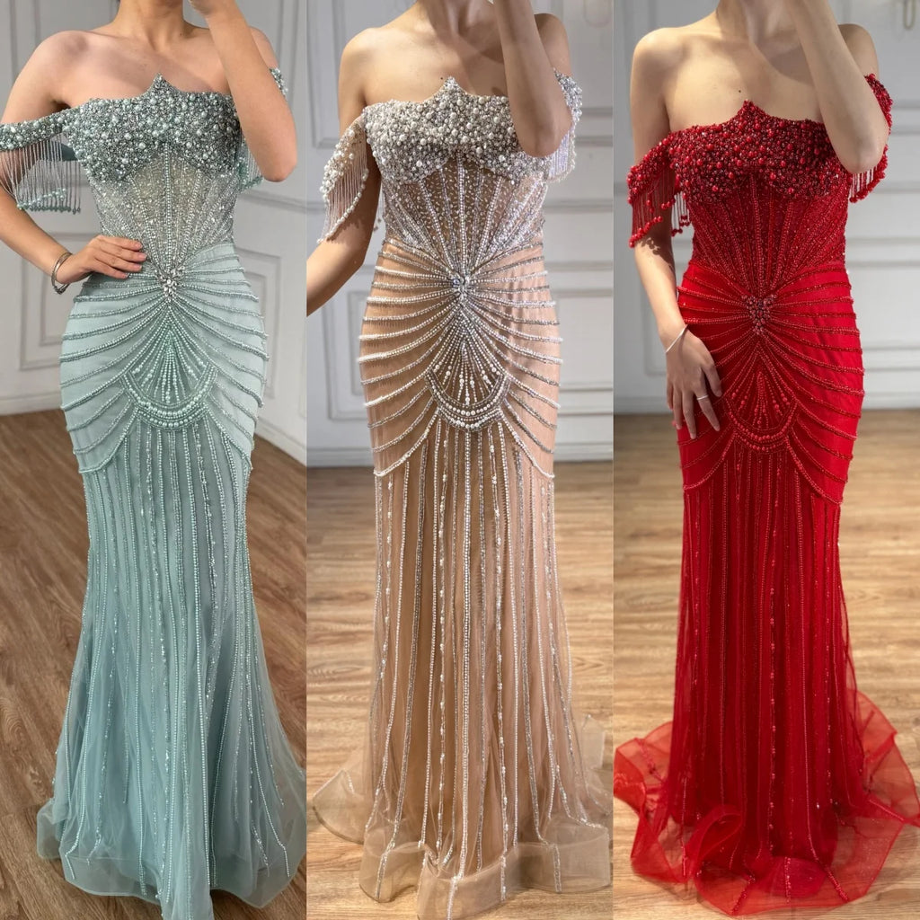 Serene Hill Red Mermaid Beaded Pearl Off Shoulder Party Gown For Women