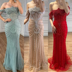 Serene Hill Red Mermaid Beaded Pearl Off Shoulder Party Gown For Women