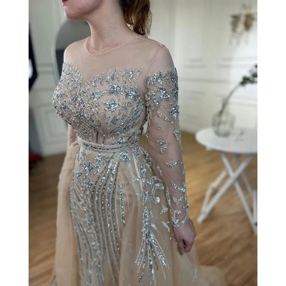 Serene Hill Customized Nude Long Sleeve Mermaid Beaded Muslim Evening Dress