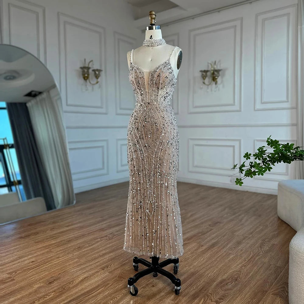 Serene Hill Nude Mermaid Beaded Evening Gown Customized Ankle Length Dress
