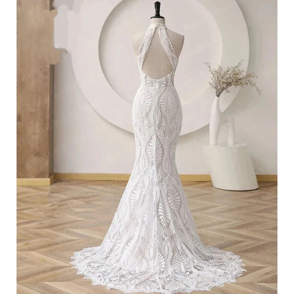 Custom Boho Wedding Dress Halter Lace Backless Beach Bridal Gown For Bride