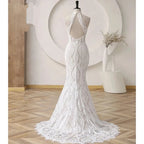 Custom Boho Wedding Dress Halter Lace Backless Beach Bridal Gown For Bride