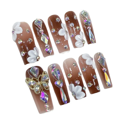 10 uñas postizas de lujo hechas a mano con diseño de ataúd brillante, con degradado marrón, blanco, flor, mariposa, diamante. 