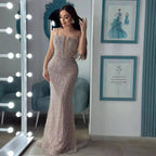 Luxury Evening Dress Nude Pearls Beaded Gown With Tulle Train LA72189A