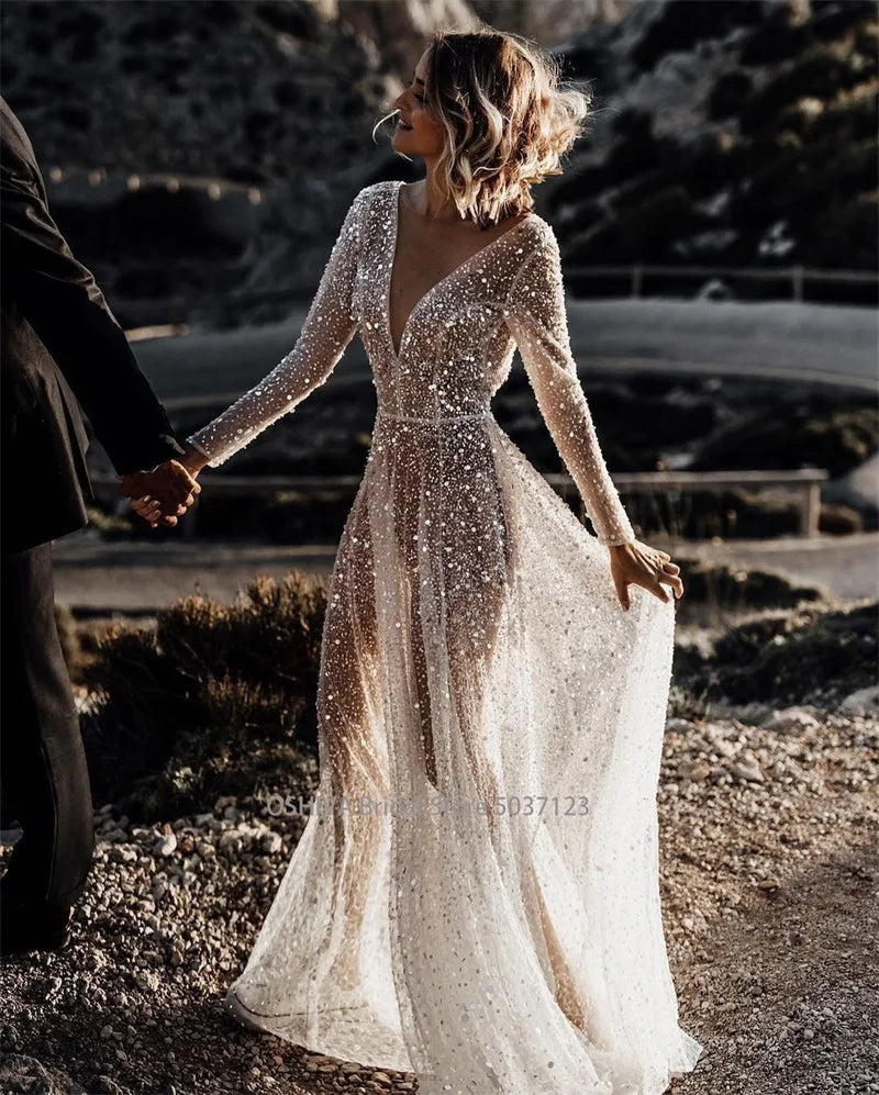 Modern V Neck Sequin Wedding Dress Long Sleeve Backless Bridal Gown