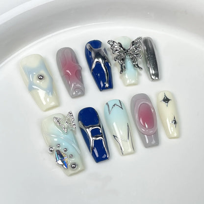 10 uñas postizas de lujo hechas a mano con diseño de ataúd brillante, con degradado marrón, blanco, flor, mariposa, diamante. 