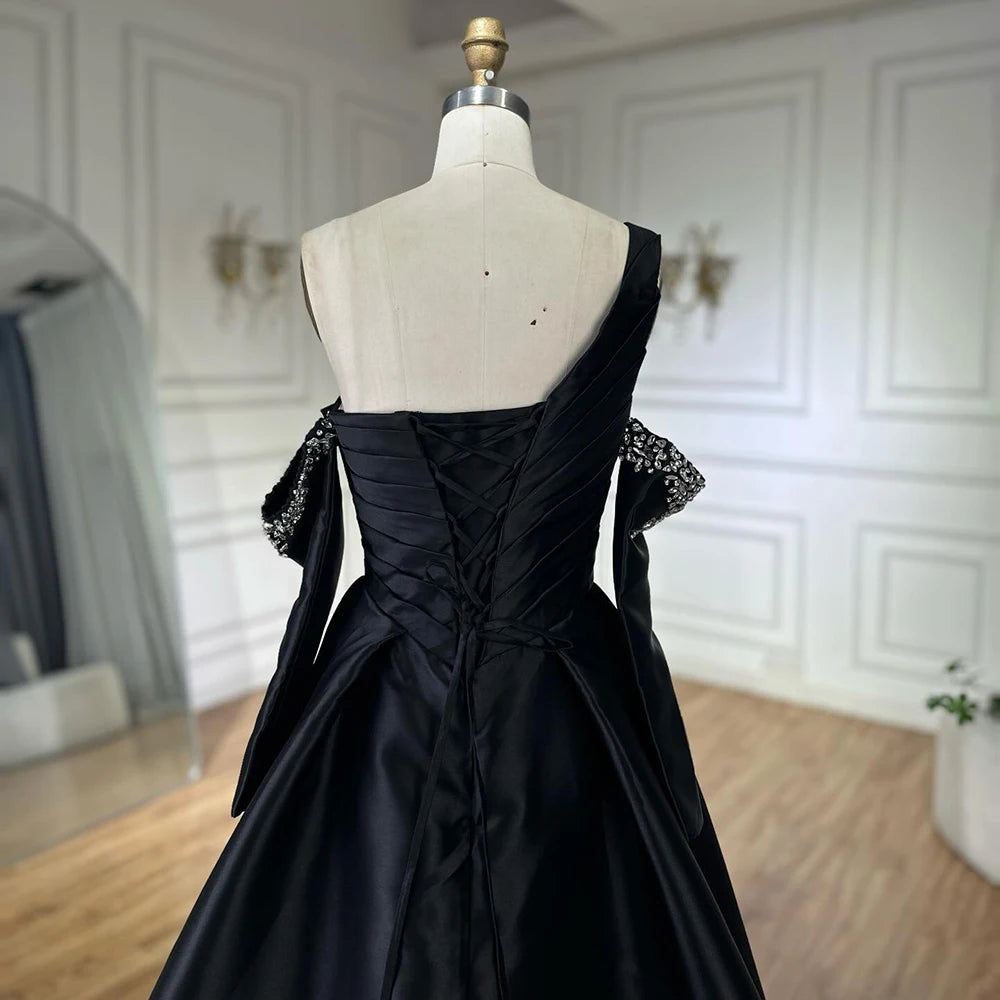 Custom Black One Shoulder Beaded A Line Formal Evening Gown