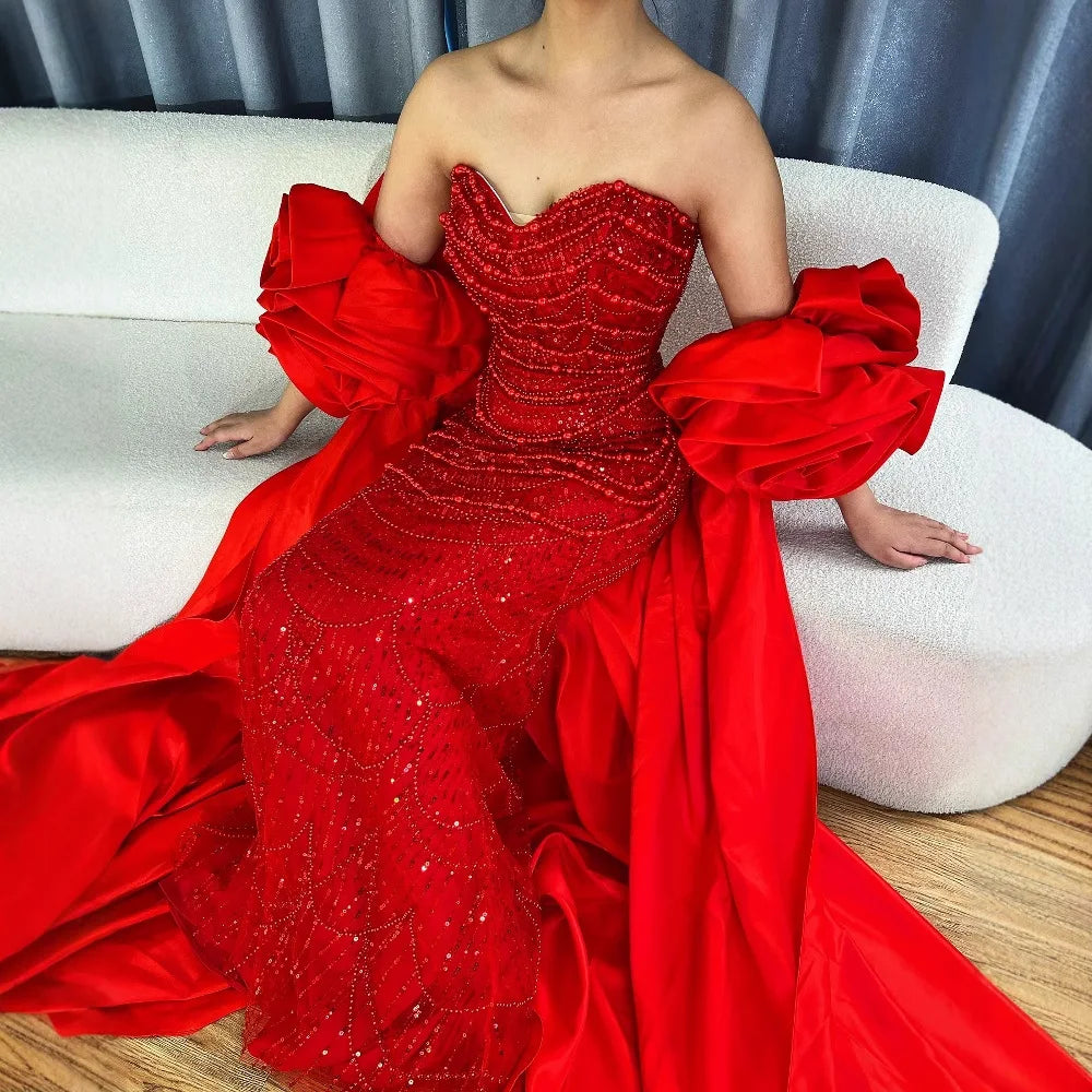 Custom Red Strapless Mermaid Wedding Gown With Pearl Beaded Cape Dress
