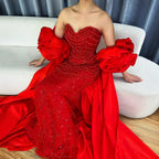 Custom Red Strapless Mermaid Wedding Gown With Pearl Beaded Cape Dress