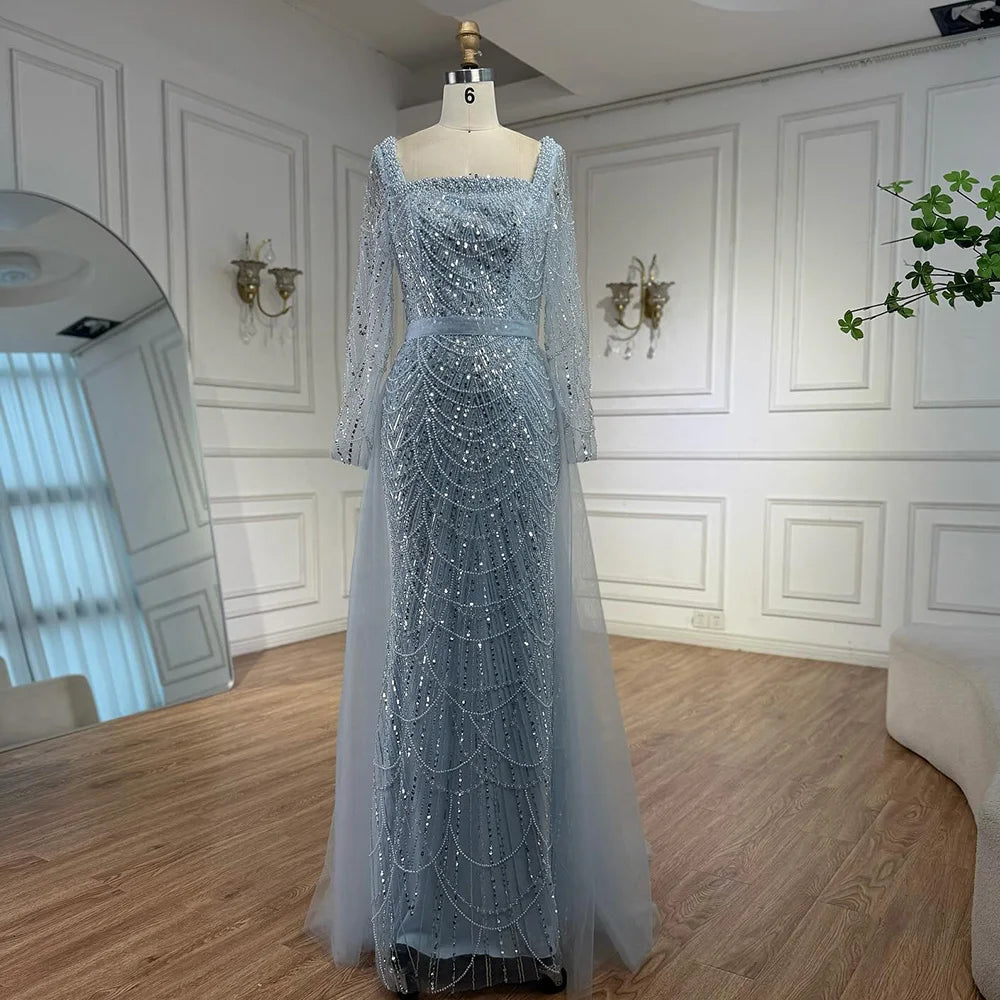 Green Square Neck Long Sleeve Mermaid Pearl Beaded Evening Party Gown Custom