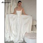 Custom Mikado Satin Church Wedding Dress With Square Neckline For Brides